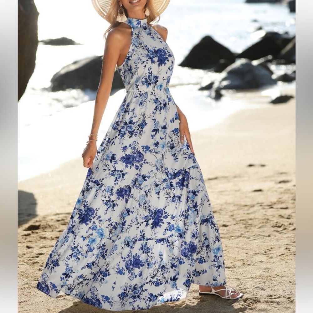 Floral Print High Mock Neck Halter Belted Long Maxi Dress Boho White Blue